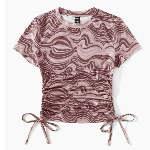 Teen Girl's  Marble Print Drawstring Side Ruched Tee Shirt - Picture 2 of 4